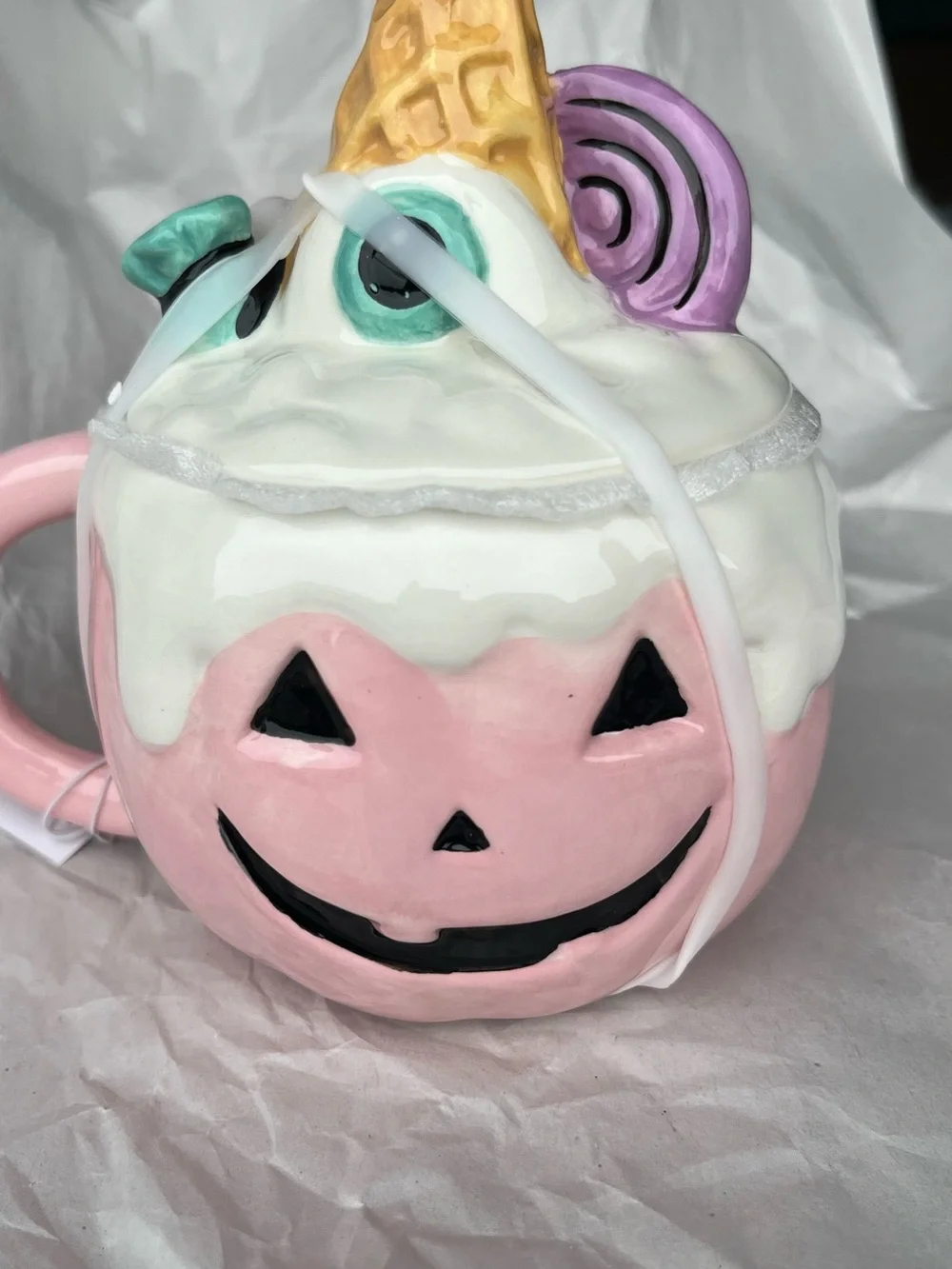 Whimsical Pink Pumpkin Ceramic Mug with Ice Cream Cone Accent